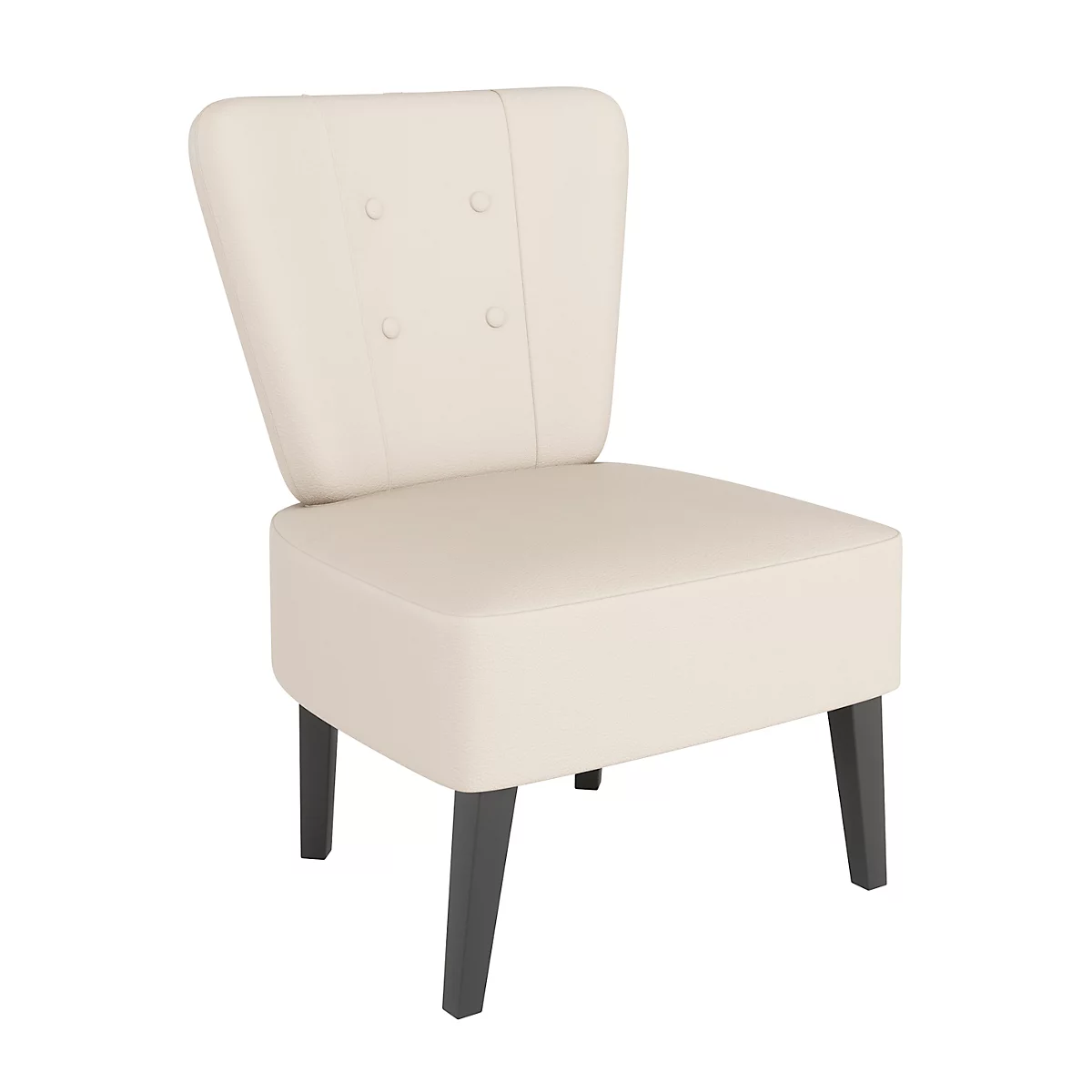 Crèmekleurige cocktailfauteuil met zwarte poten. De rug is versierd met drie knopen.