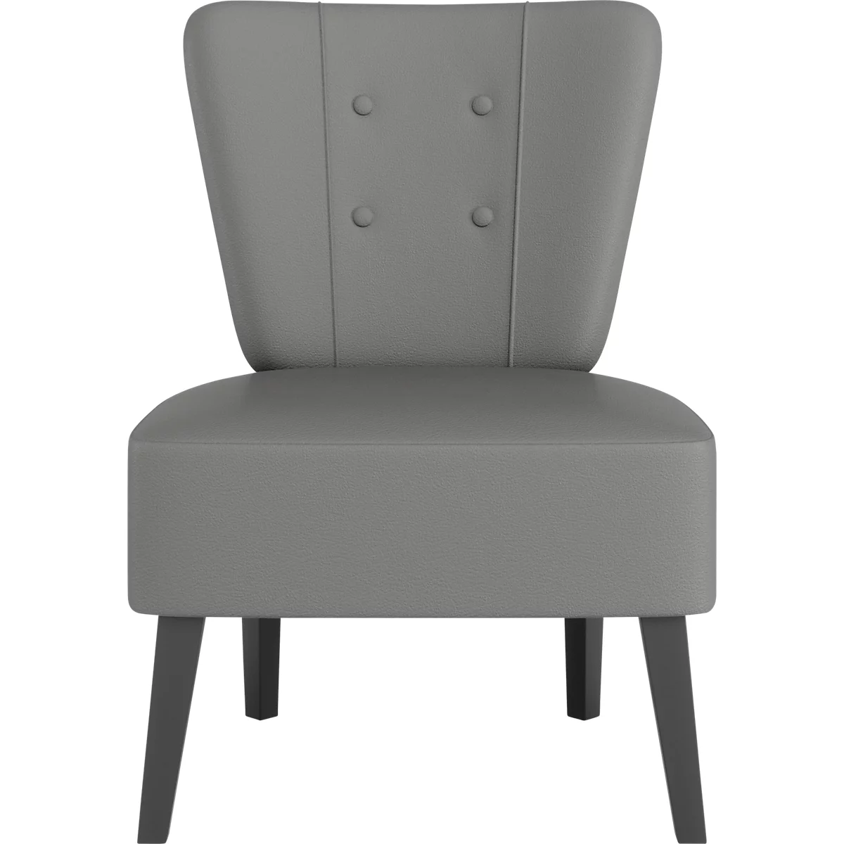 Grijze cocktailstoel, vier donkere houten poten, hoge rug met knoopdetails.