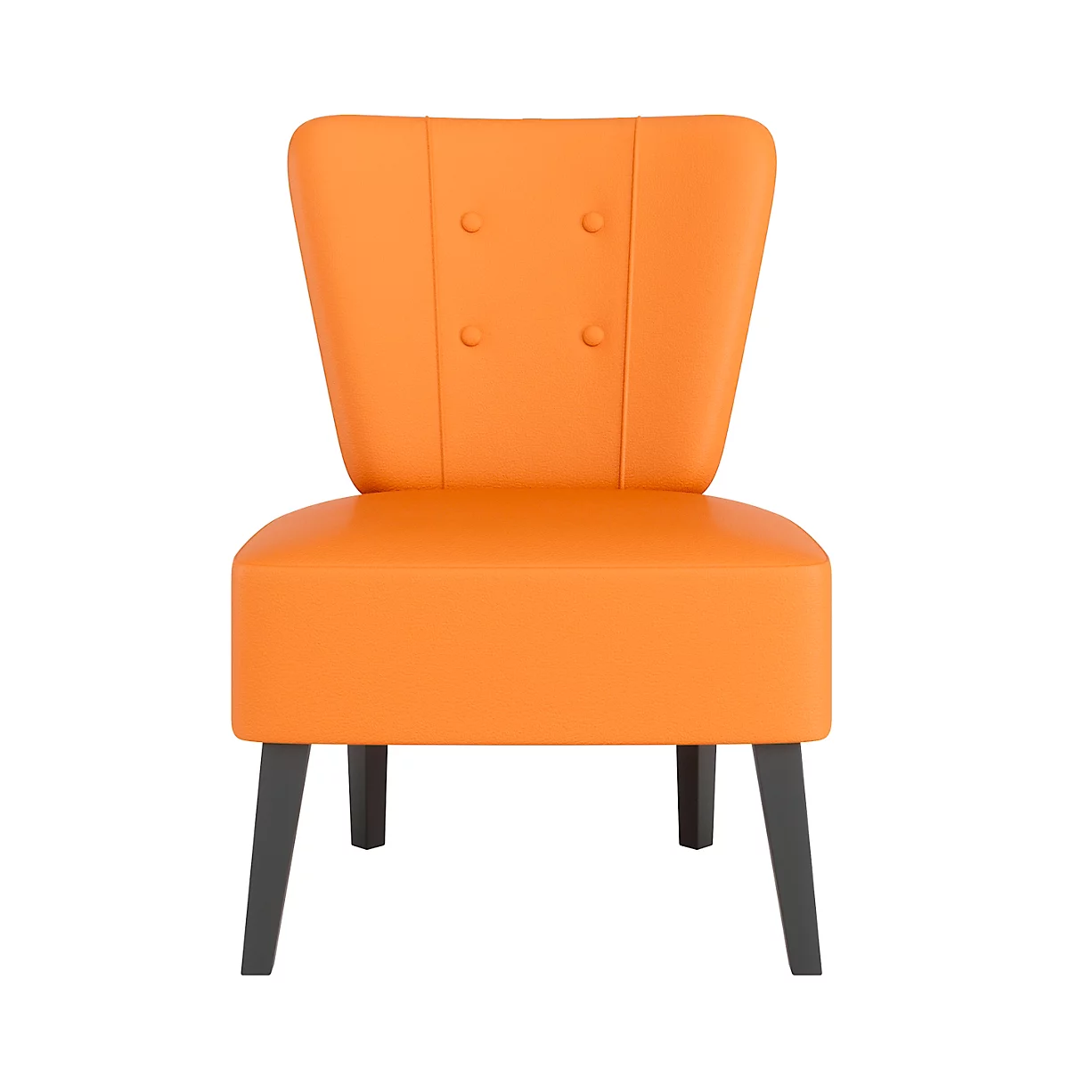 Oranje stoel met zwarte poten. De rugleuning heeft vier knopen.