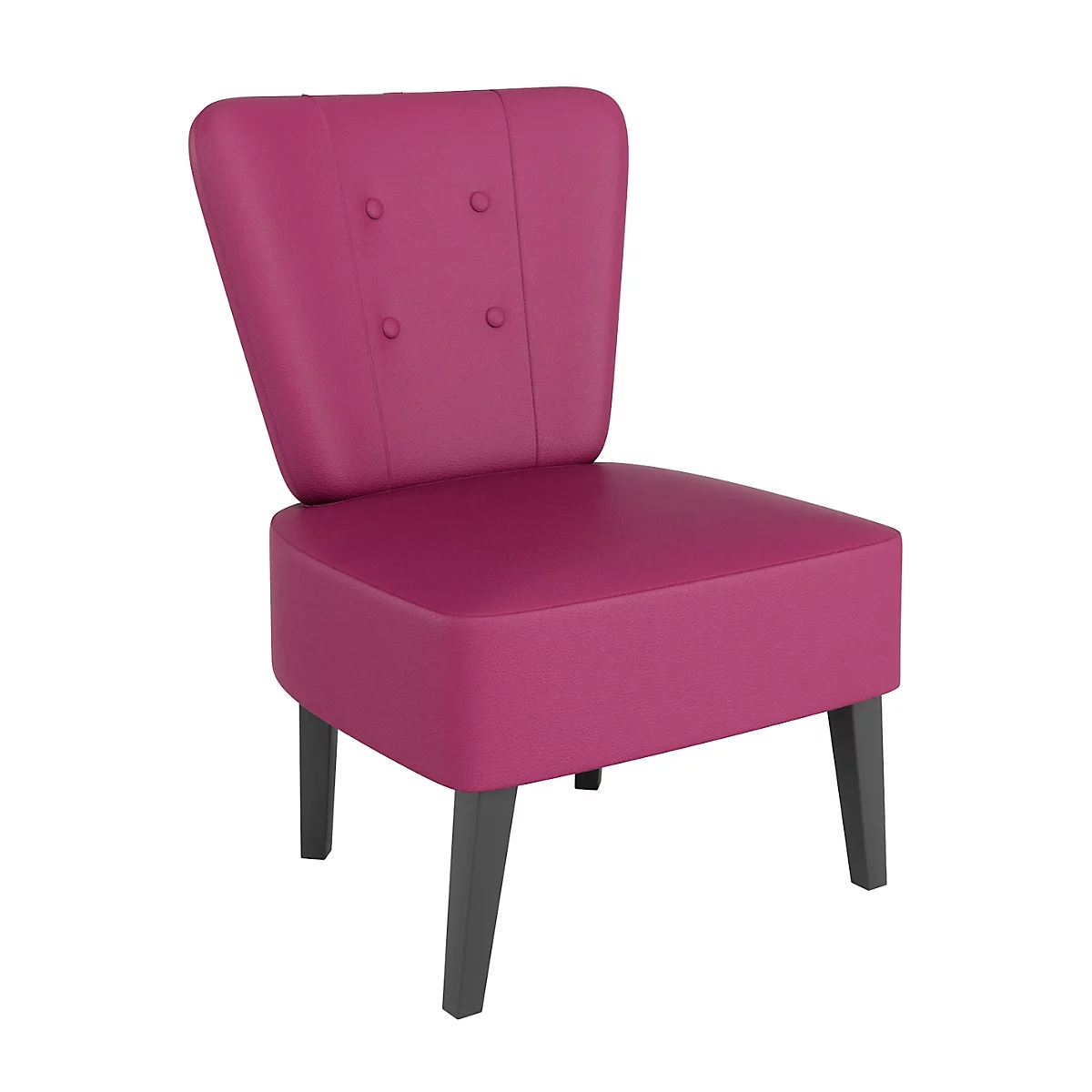 Een bordeauxrode fauteuil met grijze poten, hoge rug en vier knoppen.