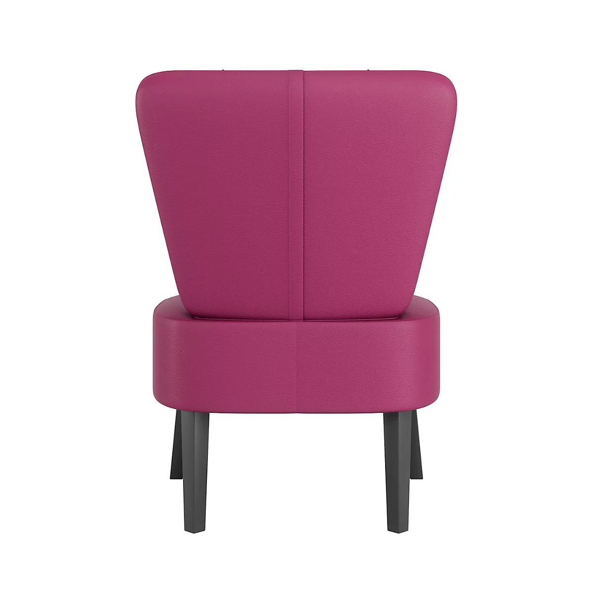 Achteraanzicht van een magenta fauteuil met donkere houten poten. Het ontwerp oogt minimalistisch en elegant.