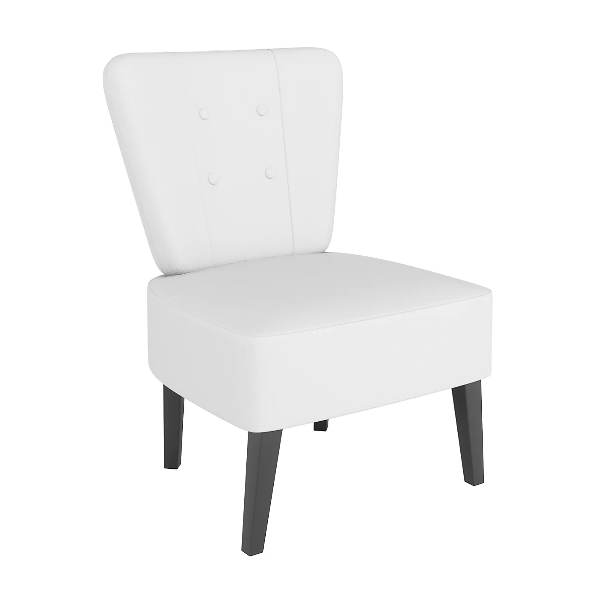 Witte stoel met grijze poten. De rugleuning is versierd met knoppen.