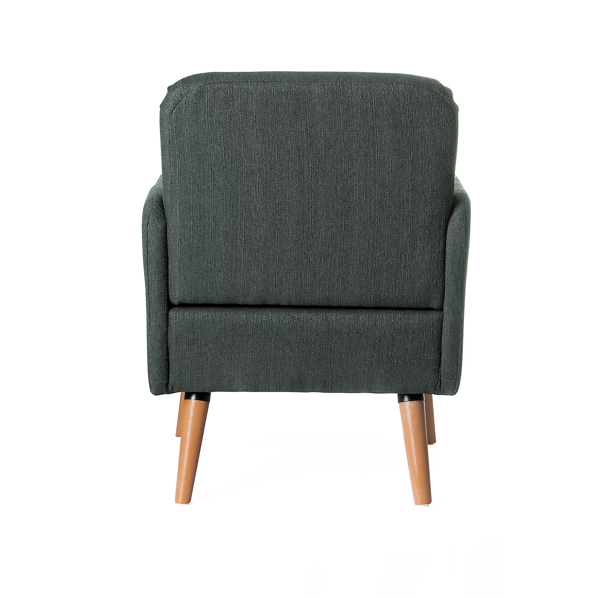 Back view of a grey armchair with wooden legs.