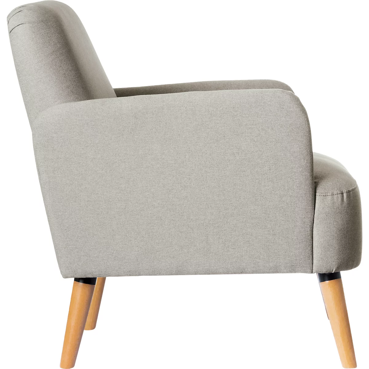 Side view of a light gray armchair with wooden legs.