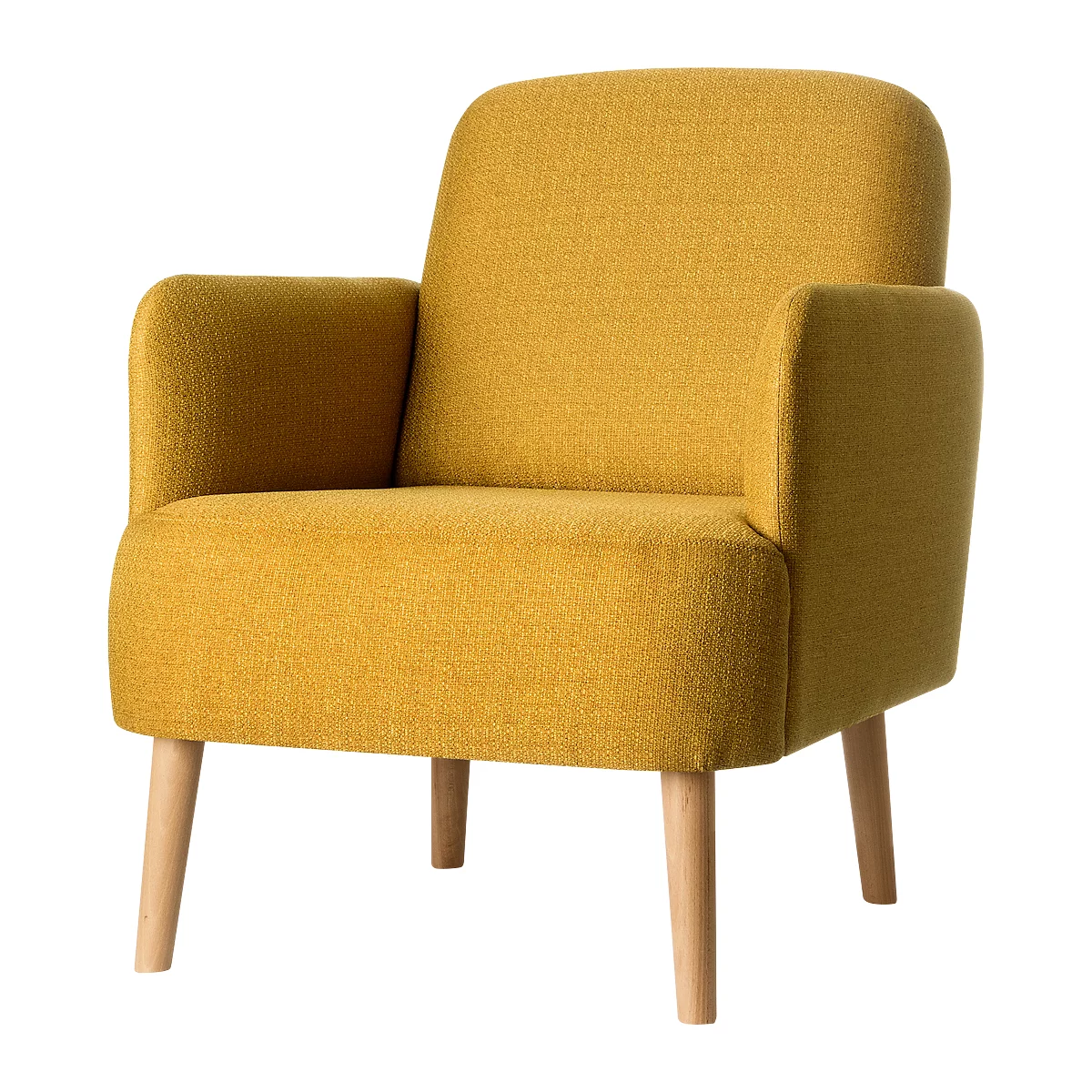 Mustard-colored armchair with wooden legs.