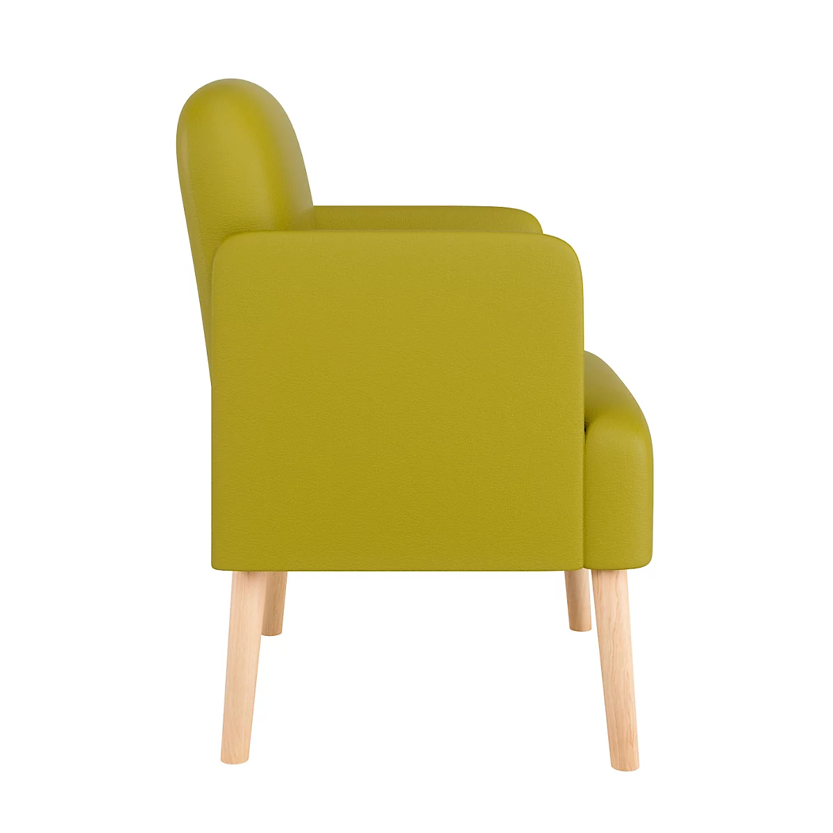 Zijaanzicht van een gele fauteuil met lichte houten poten.