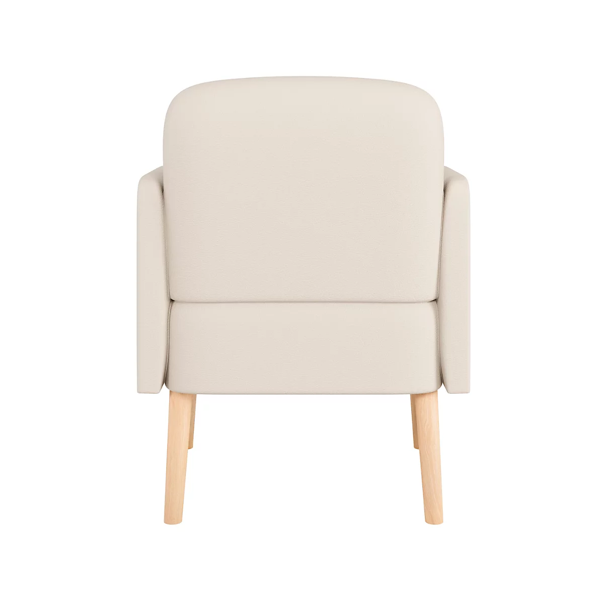 Crèmekleurige fauteuil, achteraanzicht. Houten poten, armleuningen en rugleuning in afgeronde vorm.