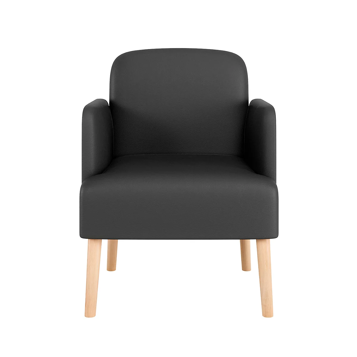 Zwarte fauteuil met licht houten poten, geïsoleerd op witte achtergrond.