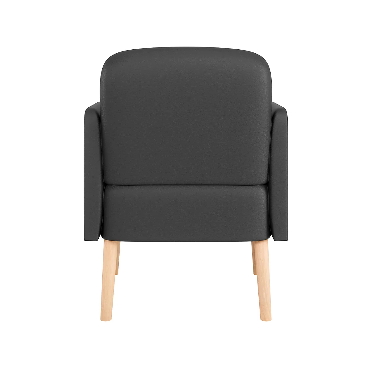 Donkergrijze fauteuil met een licht houten frame. De fauteuil is van achteren gefotografeerd.