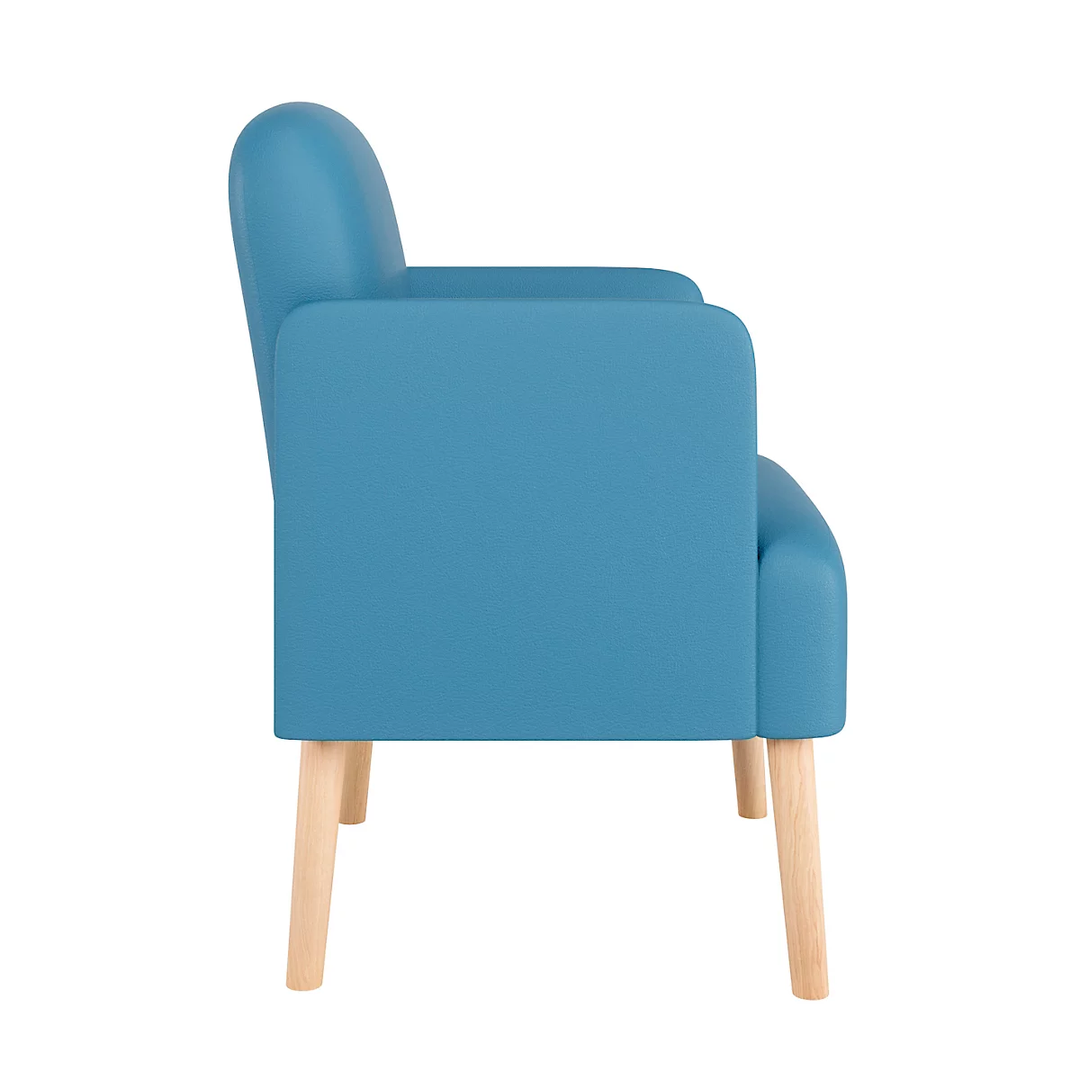 Blauwe fauteuil, zijaanzicht. Houten poten en gewatteerde armleuning.
