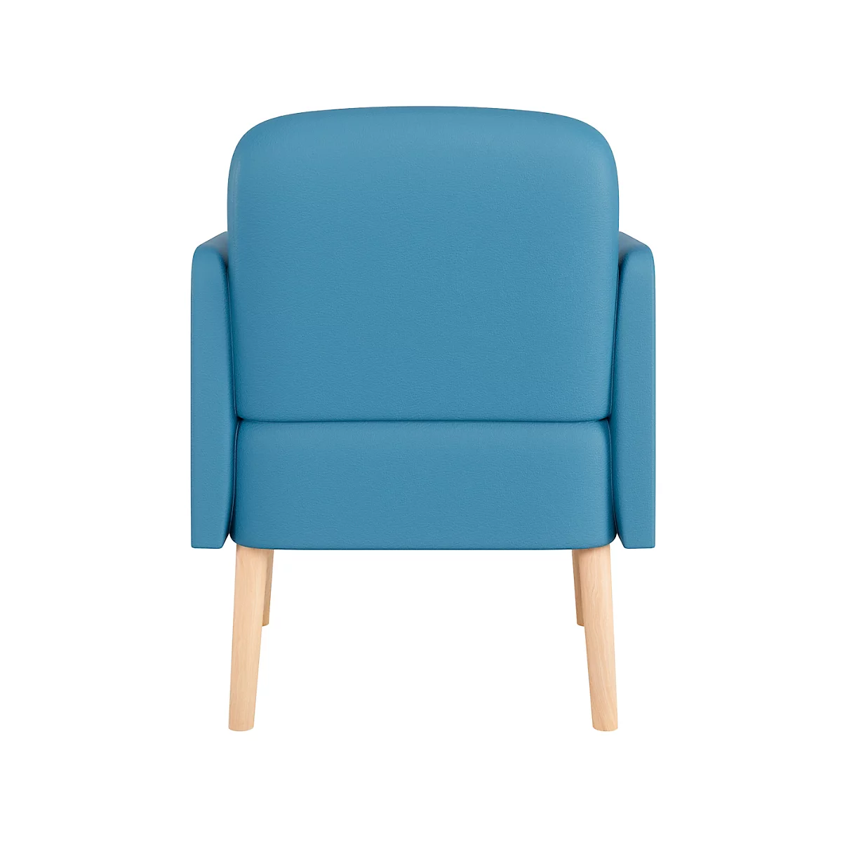 Blauwe fauteuil, achteraanzicht, lichtbruine houten poten. Rechthoekige vorm met afgeronde armleuningen.