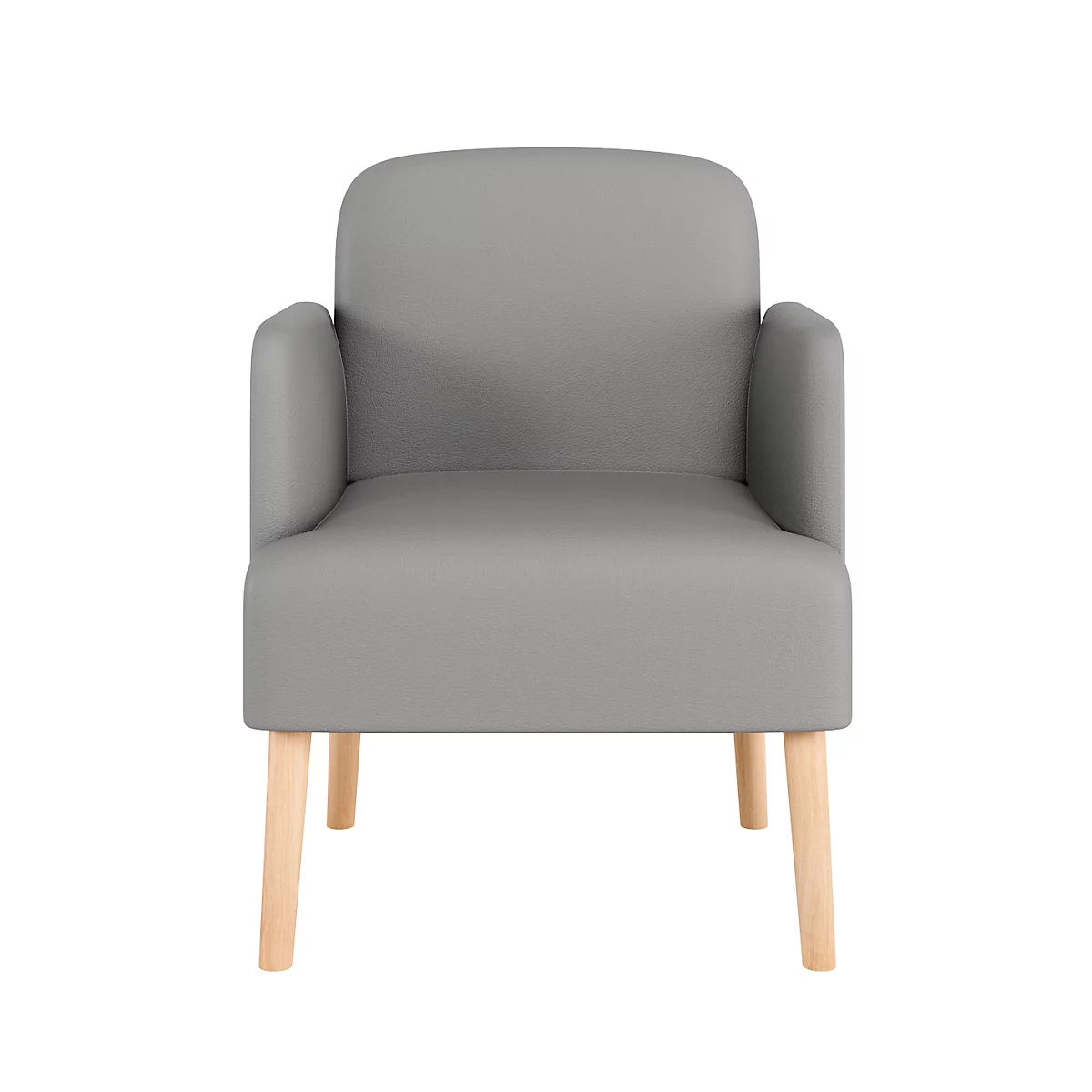 Grijze fauteuil met houten poten, tegen een witte achtergrond.