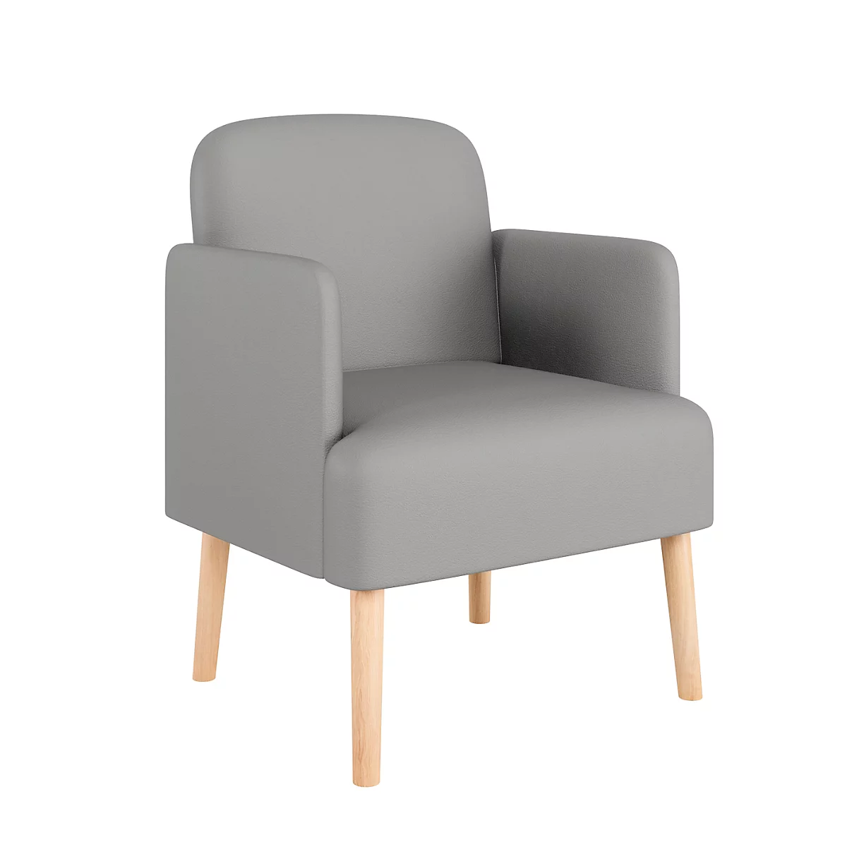 Grijze fauteuil met houten poten, tegen een witte achtergrond. Afgeronde armleuningen en rugleuning.