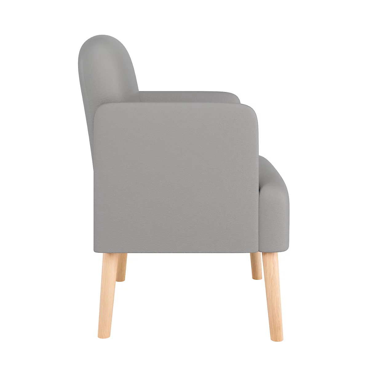 Grijze fauteuil in profiel, met lichte houten poten, armleuningen en afgeronde rugleuning.