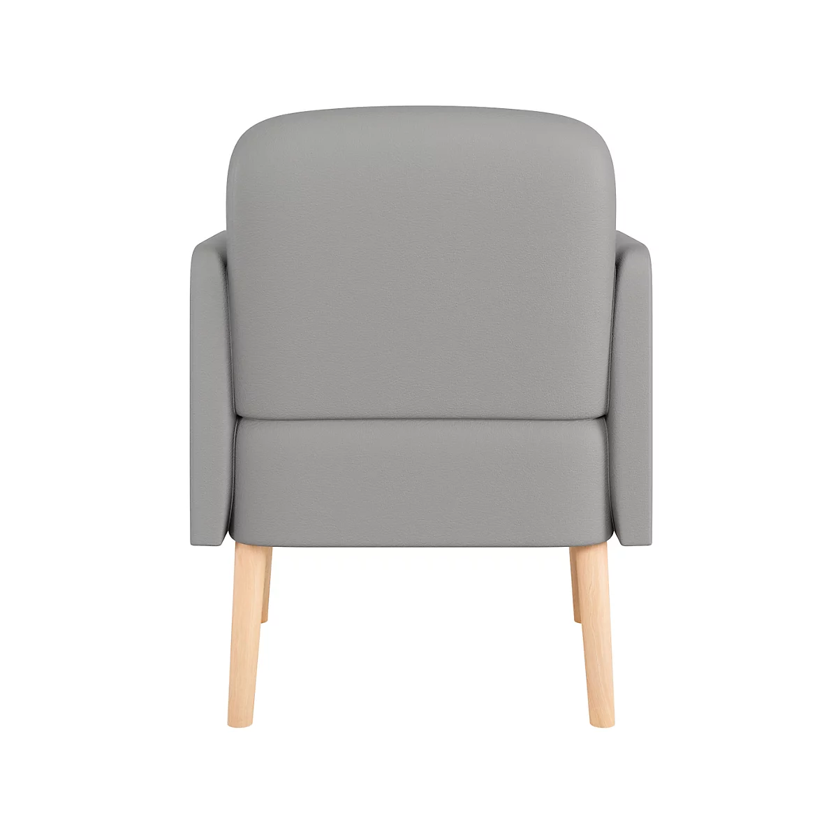 Grijze fauteuil van achteren, met lichte houten poten, tegen een witte achtergrond.