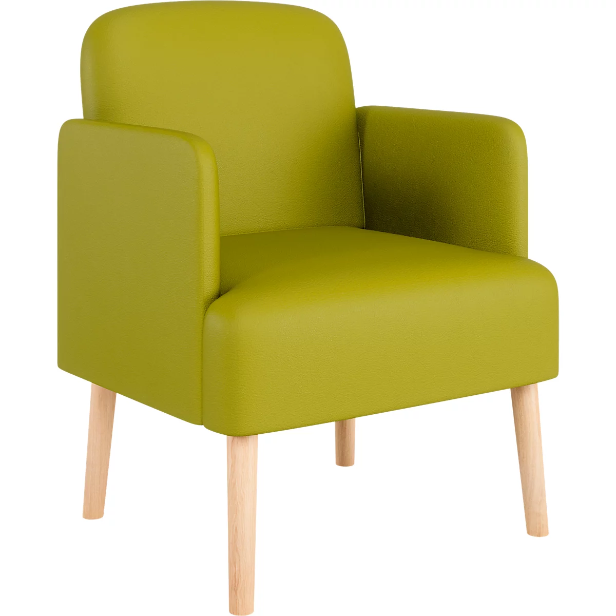 Een groene fauteuil met houten poten tegen een witte achtergrond. De fauteuil heeft een afgeronde vorm met armleuningen.