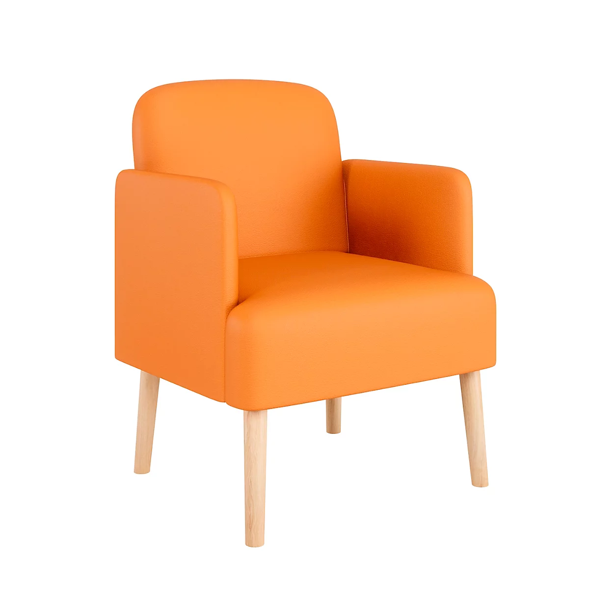 Oranje fauteuil met houten poten op een witte achtergrond.
