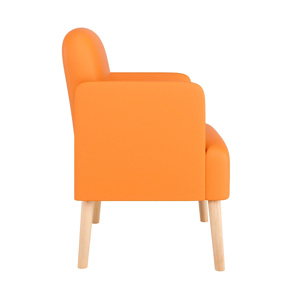 Oranje fauteuil in profiel; lichte houten poten.