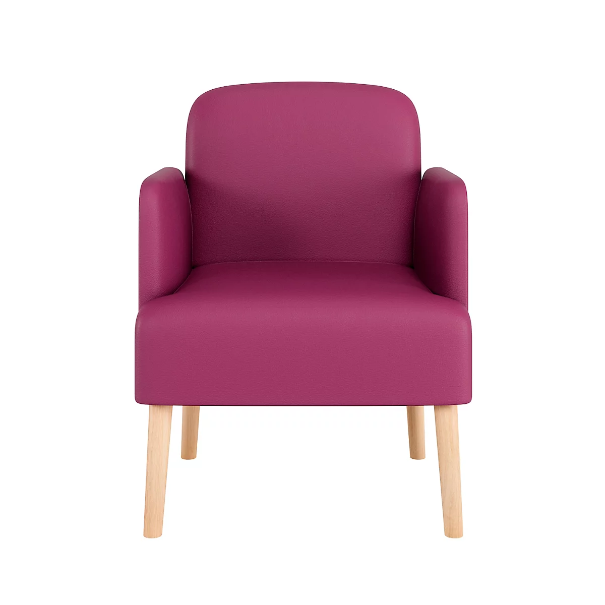 Een bordeauxrode fauteuil met armleuningen en licht houten poten, tegen een witte achtergrond.