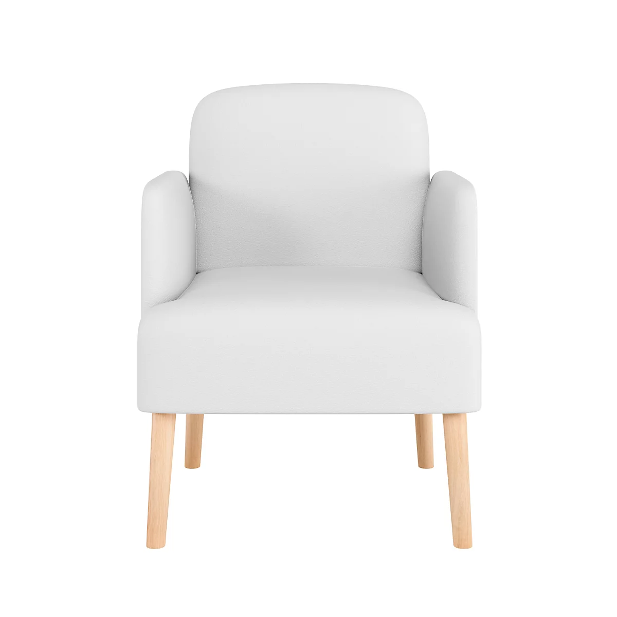 Witte fauteuil met armleuningen en licht houten poten, tegen een witte achtergrond.