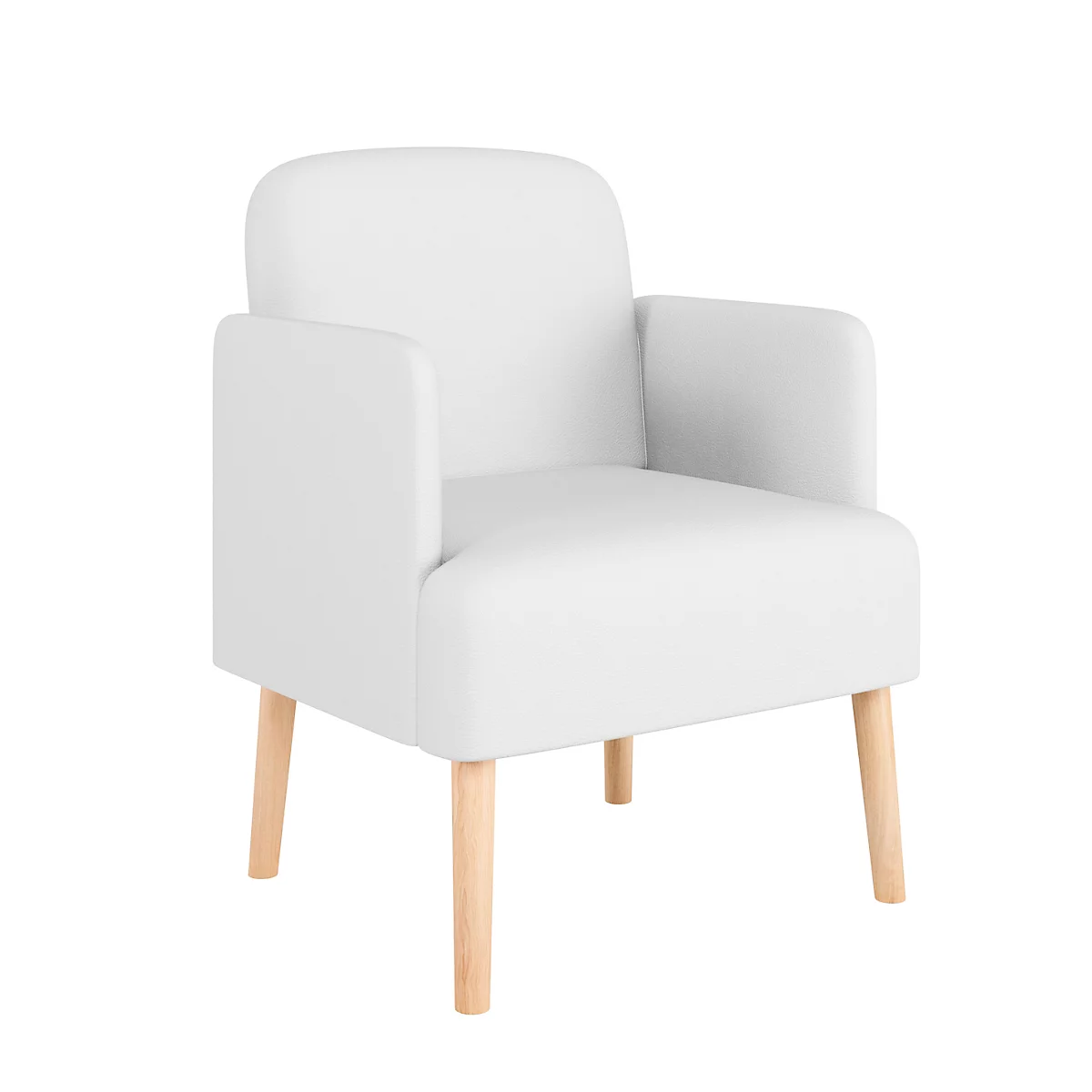 Witte fauteuil met licht houten poten, tegen een witte achtergrond.