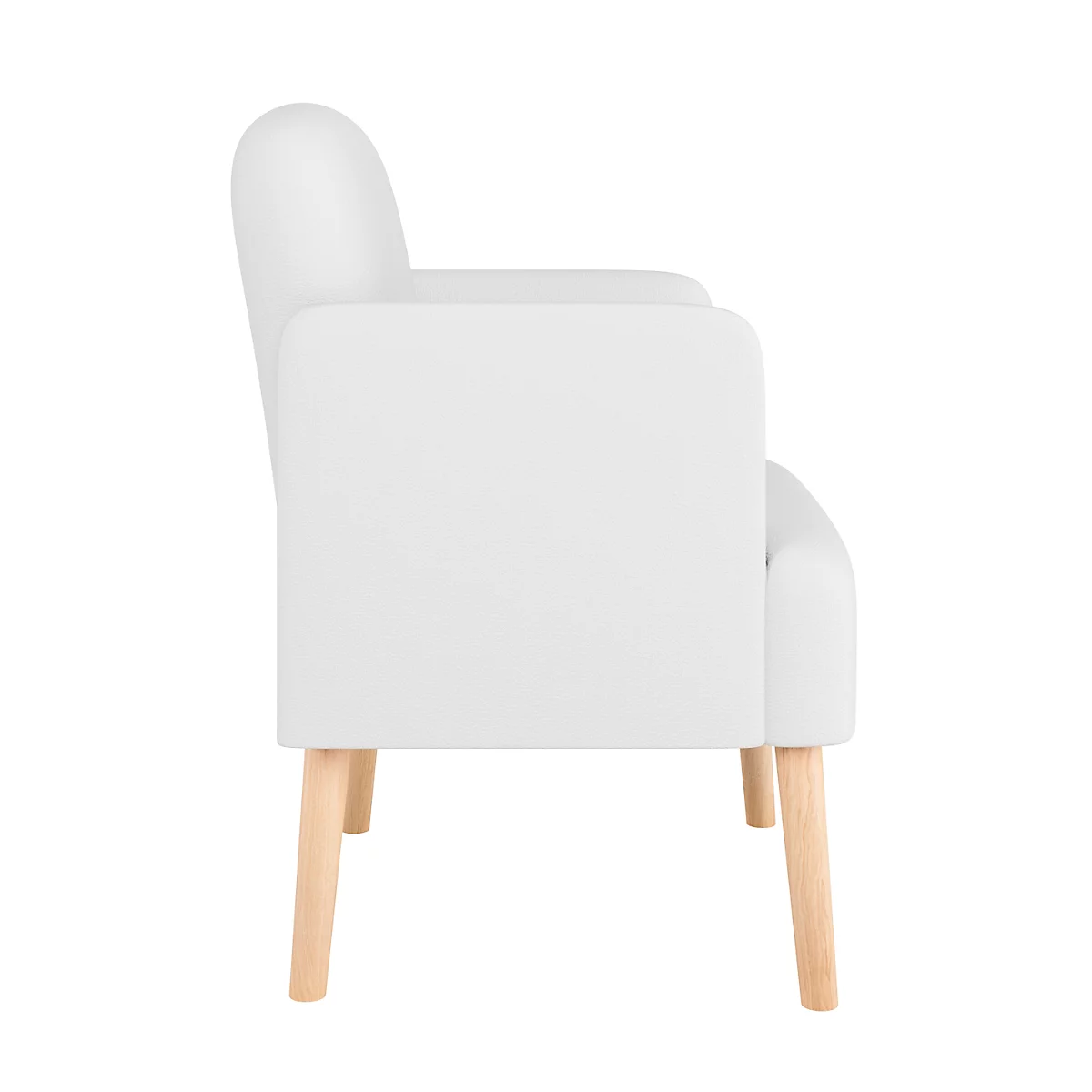 Witte fauteuil in profiel, lichte houten poten.