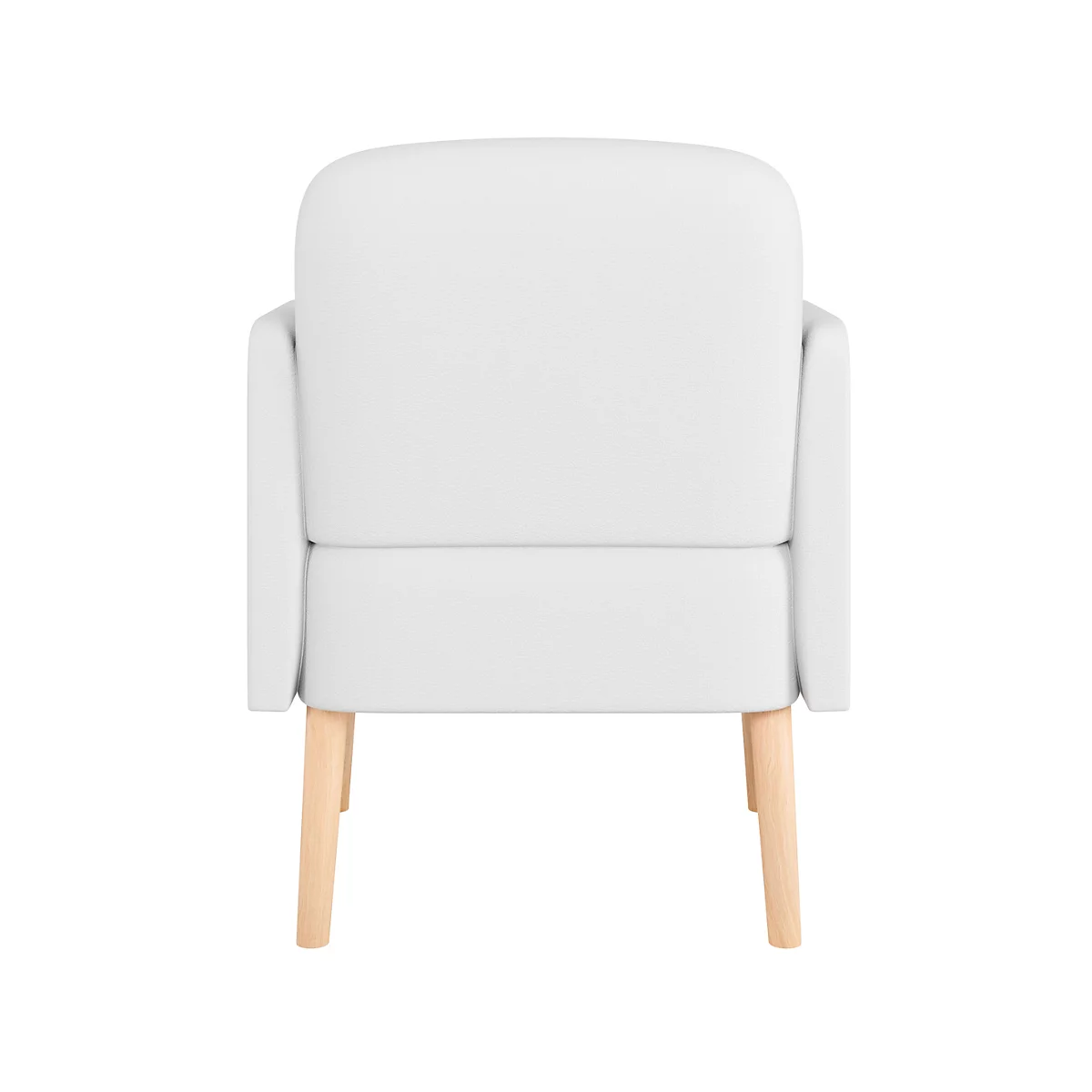 Witte fauteuil met lichte houten poten. Armleuningen en rugleuning zijn afgerond.