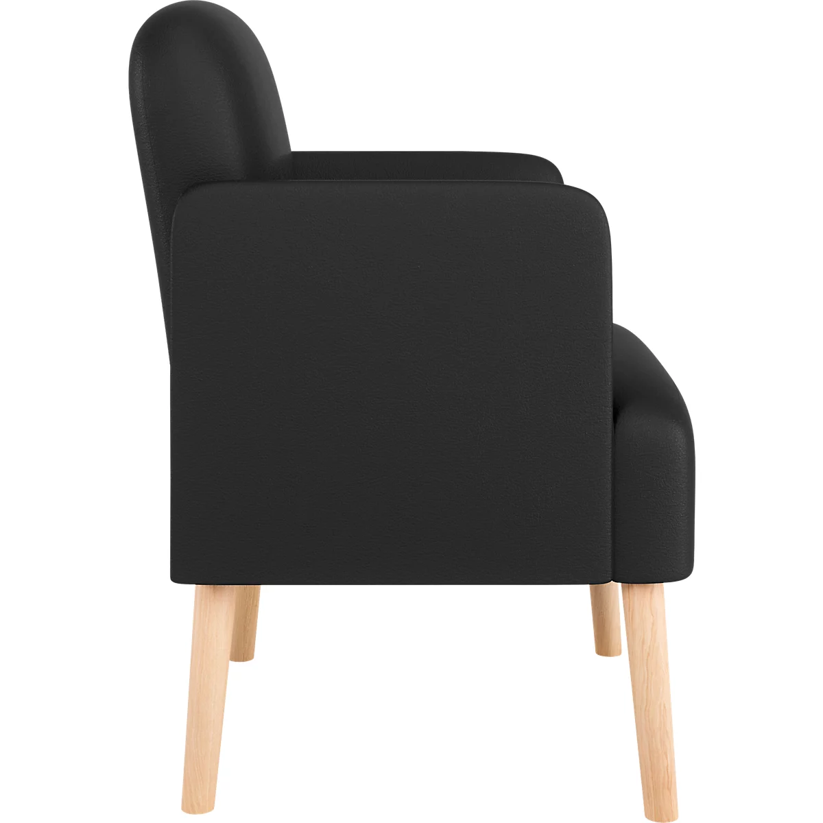 Zijaanzicht van een zwarte fauteuil, lichtbruine houten poten.