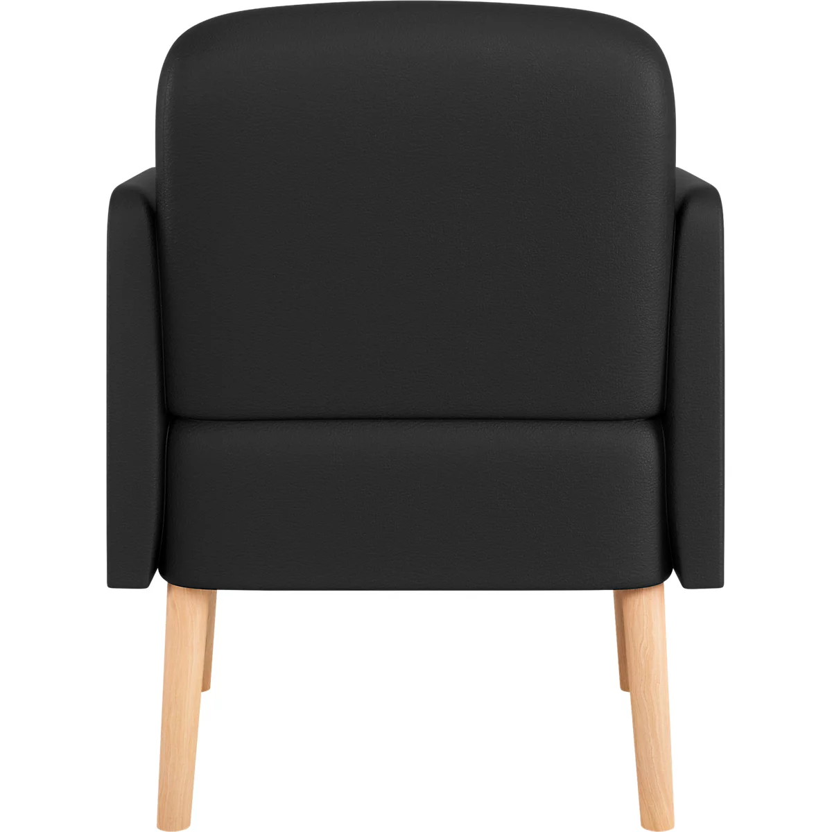 Zwarte fauteuil, achteraanzicht. Lichte houten poten.