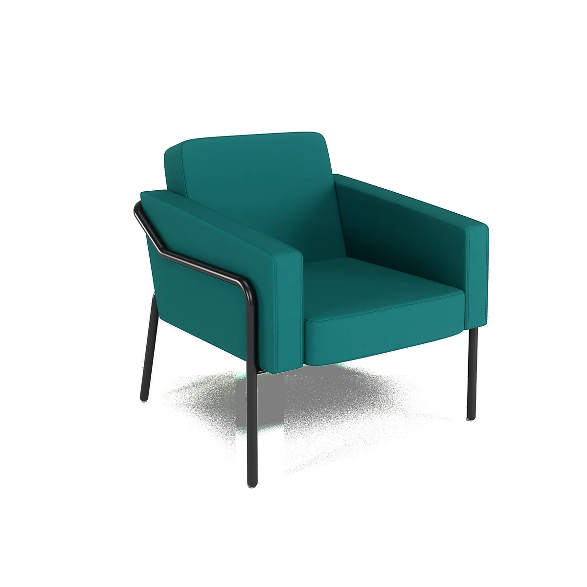 Turquoise fauteuil met zwarte stalen poten en armleuningen op een witte achtergrond.