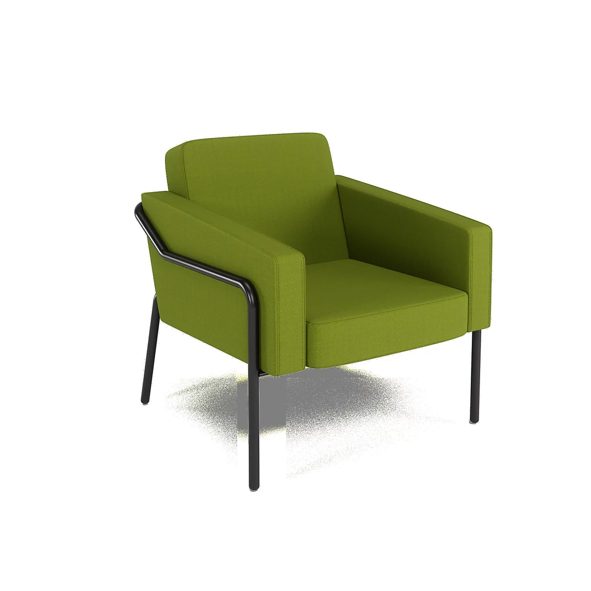 Een groene fauteuil met zwarte metalen poten en armleuningen, tegen een witte achtergrond.