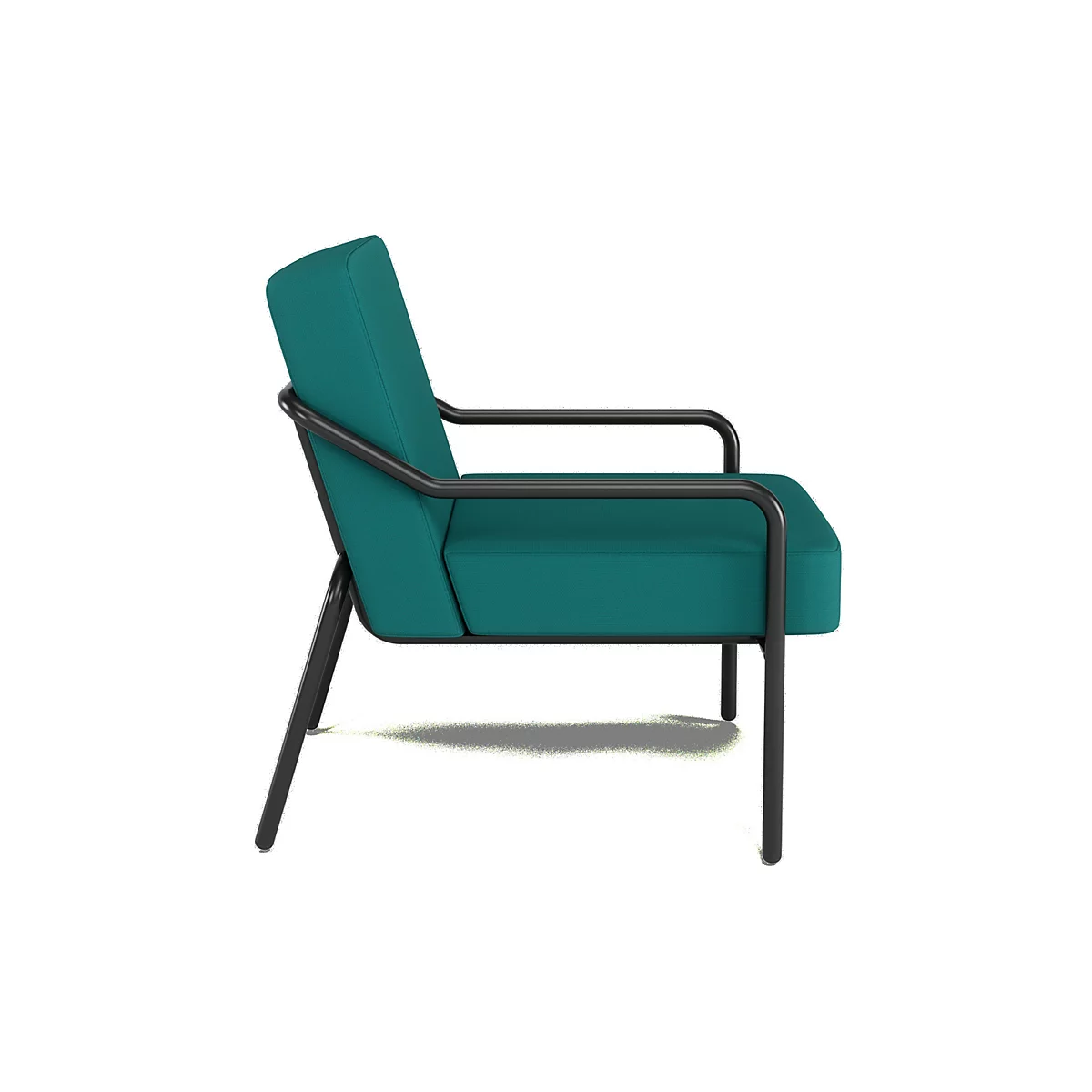 Turquoise fauteuil met zwart metalen frame. Zijaanzicht.