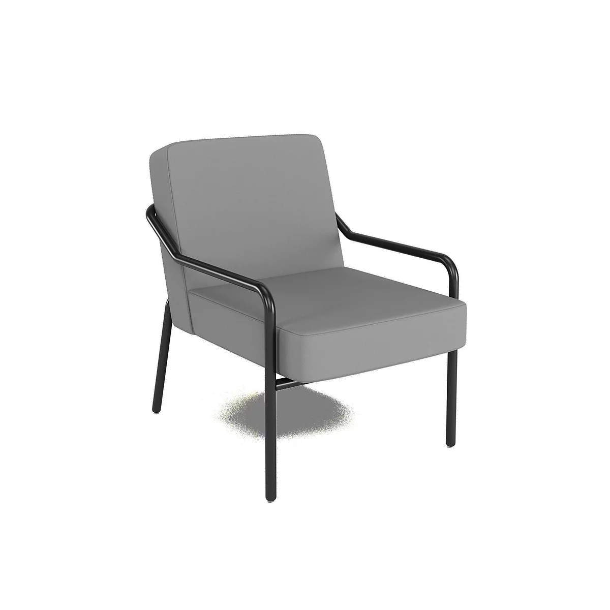 Een grijze fauteuil met een zwart metalen frame. De fauteuil staat tegen een witte achtergrond.
