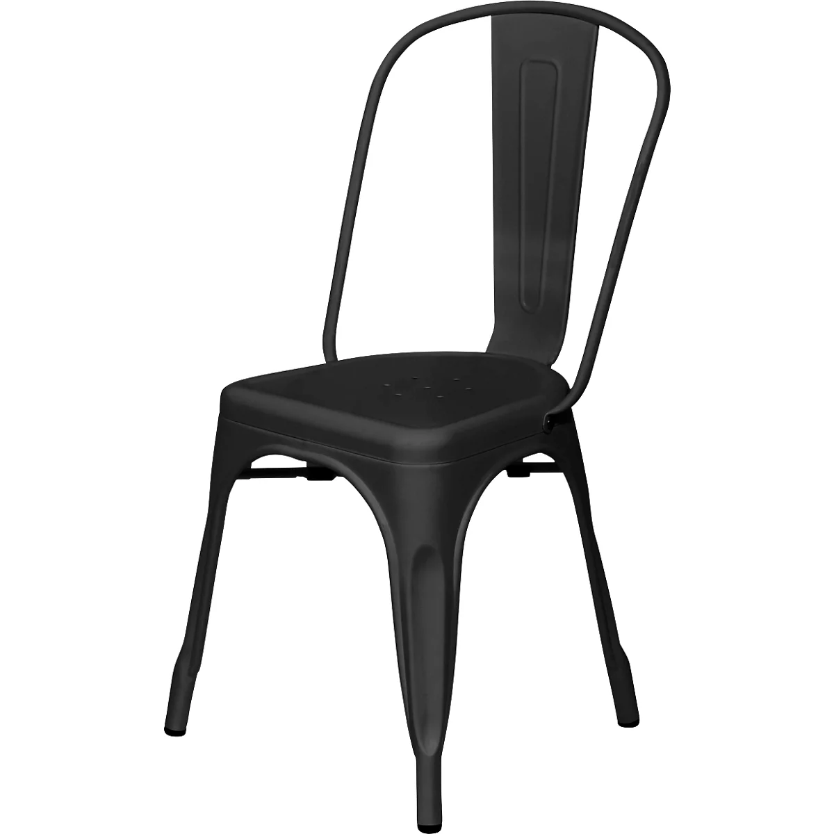 Zwarte metalen stoel, minimalistisch design, rugleuning en zitting.