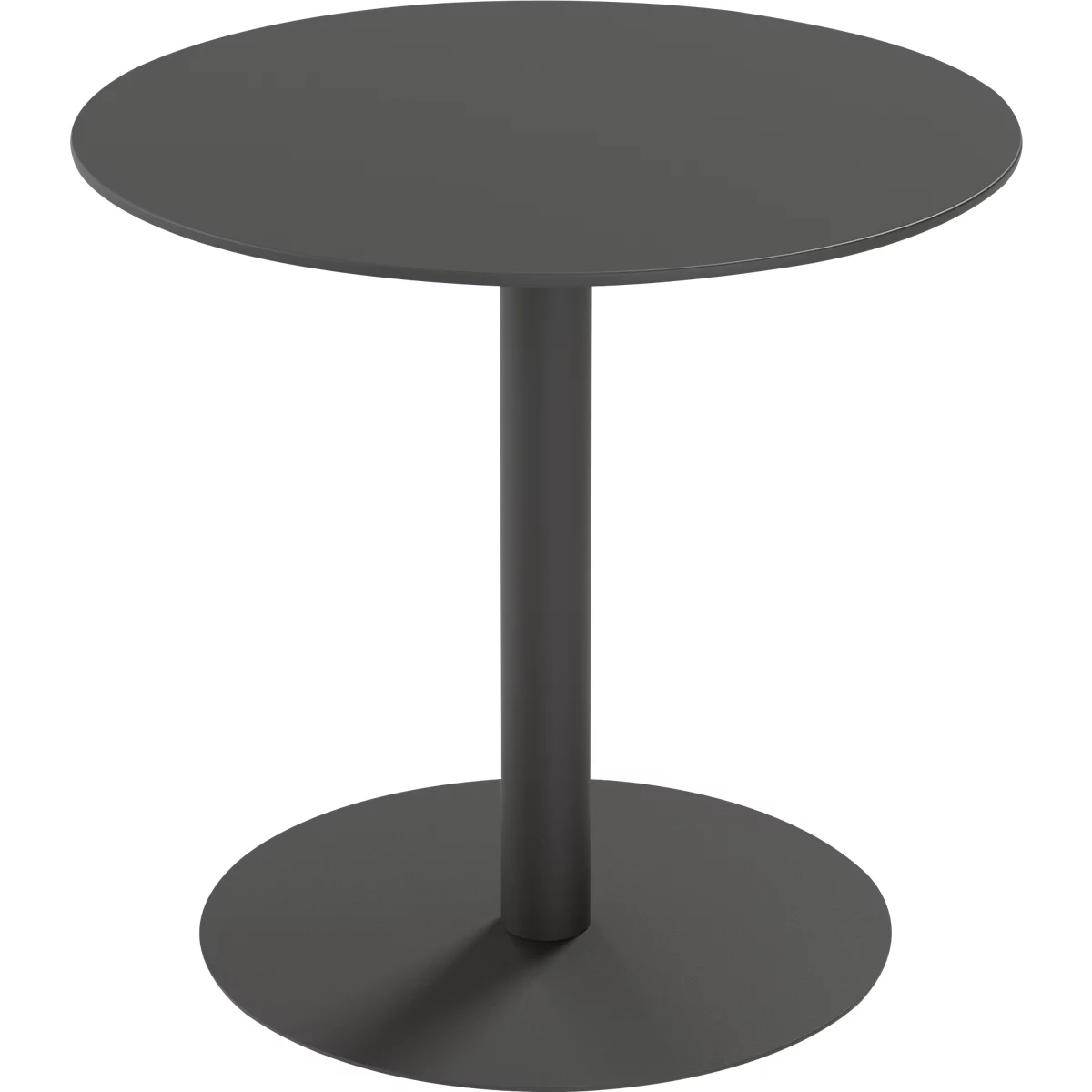 Ronde, donkergrijze bistrotafel met een centrale voet op een witte achtergrond.