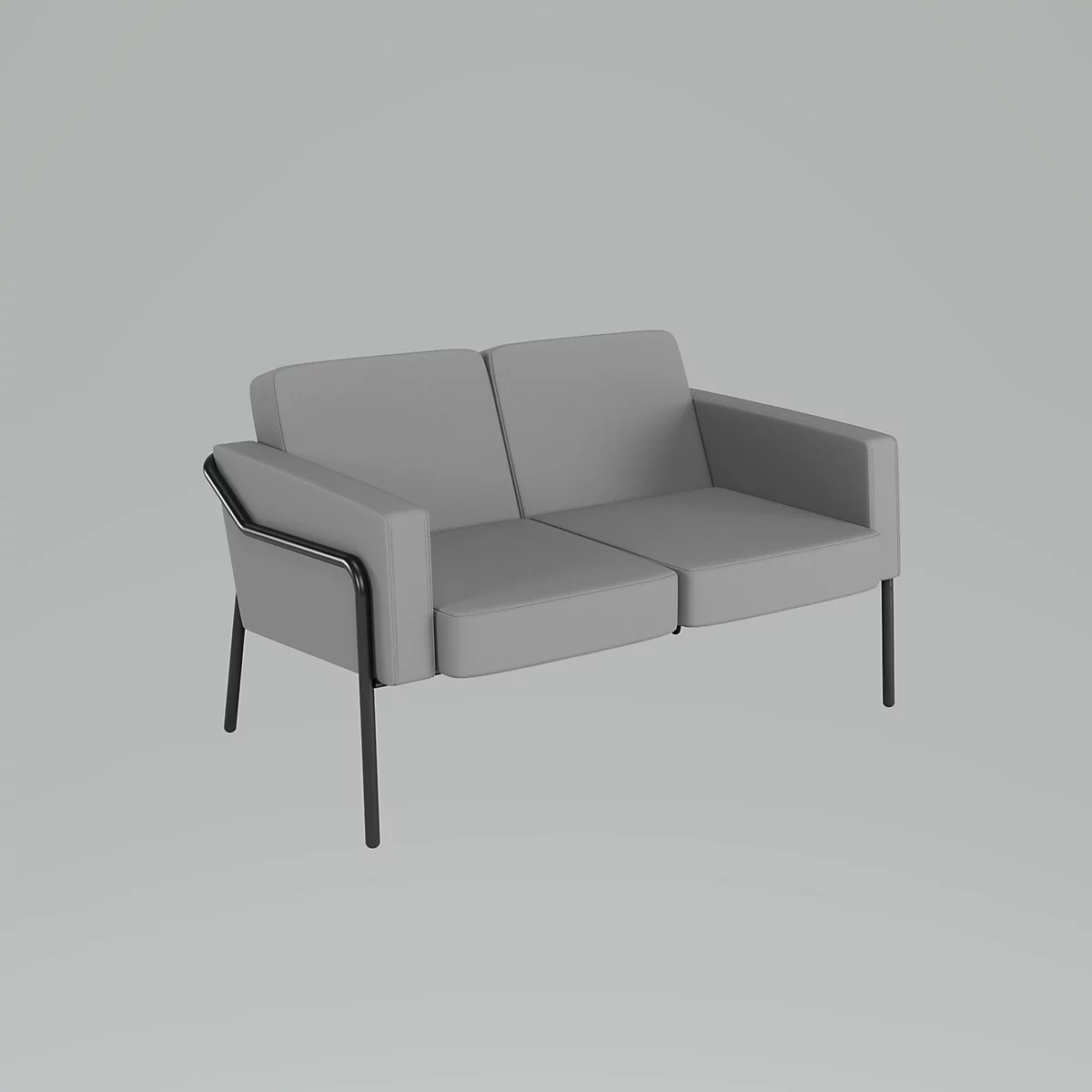 Canapé gris clair avec pieds en métal noir sur fond clair.