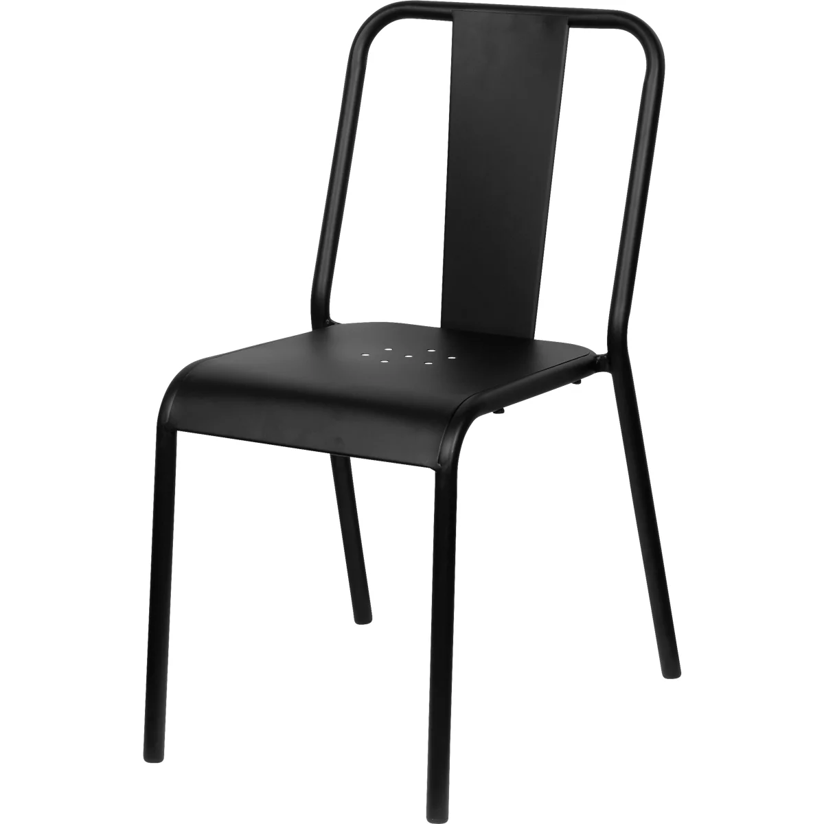 Chaise en métal noir, dossier droit, assise avec trous.