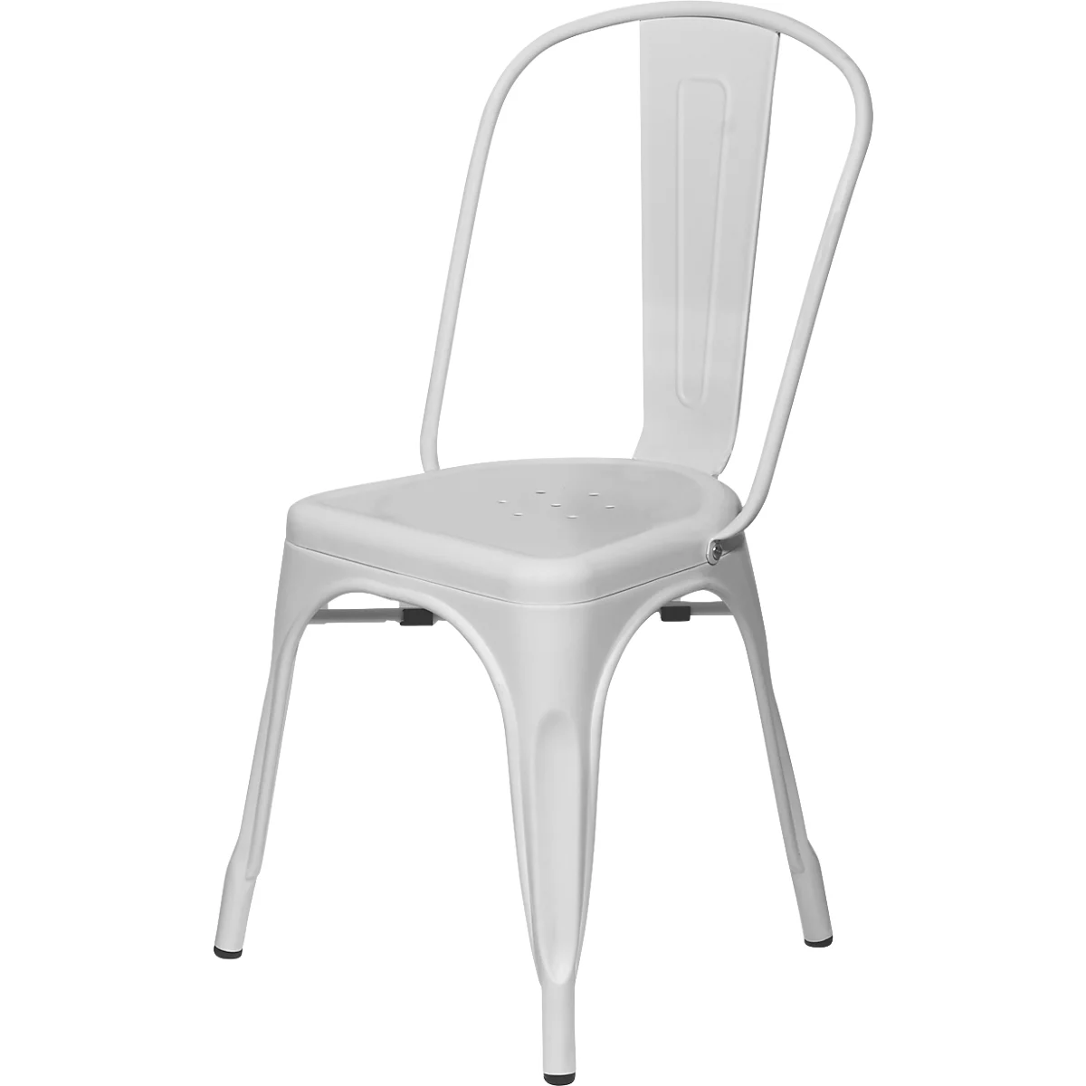 Chaise en métal blanc avec dossier étroit et accoudoirs incurvés. L'assise est simple.