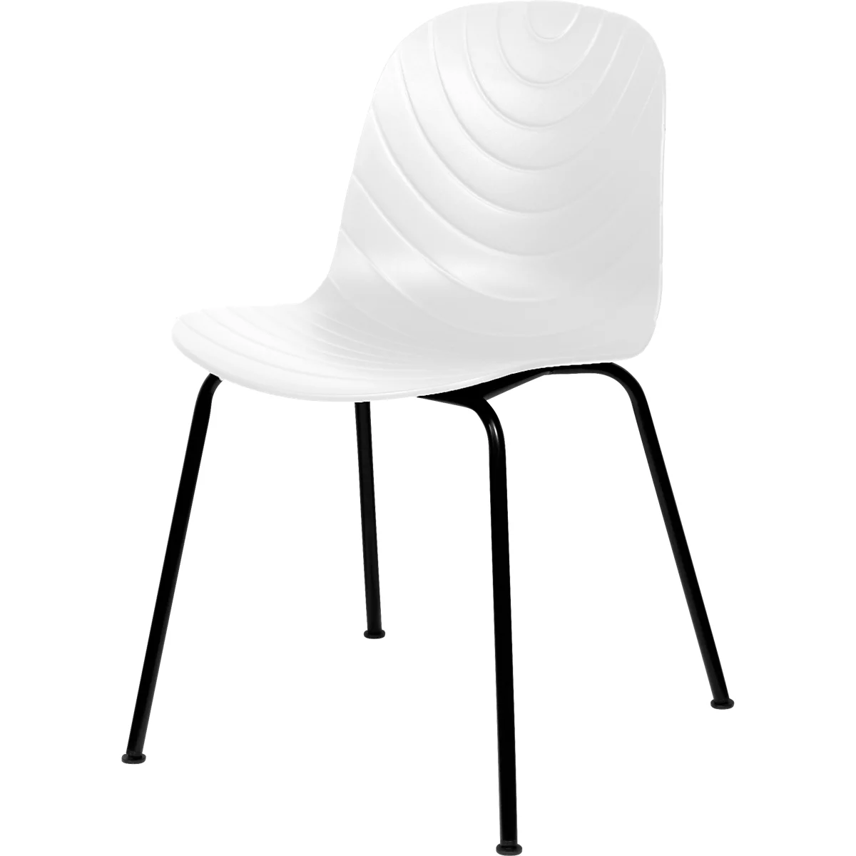 Chaise blanche avec pieds noirs. Le dossier présente un motif décoratif.