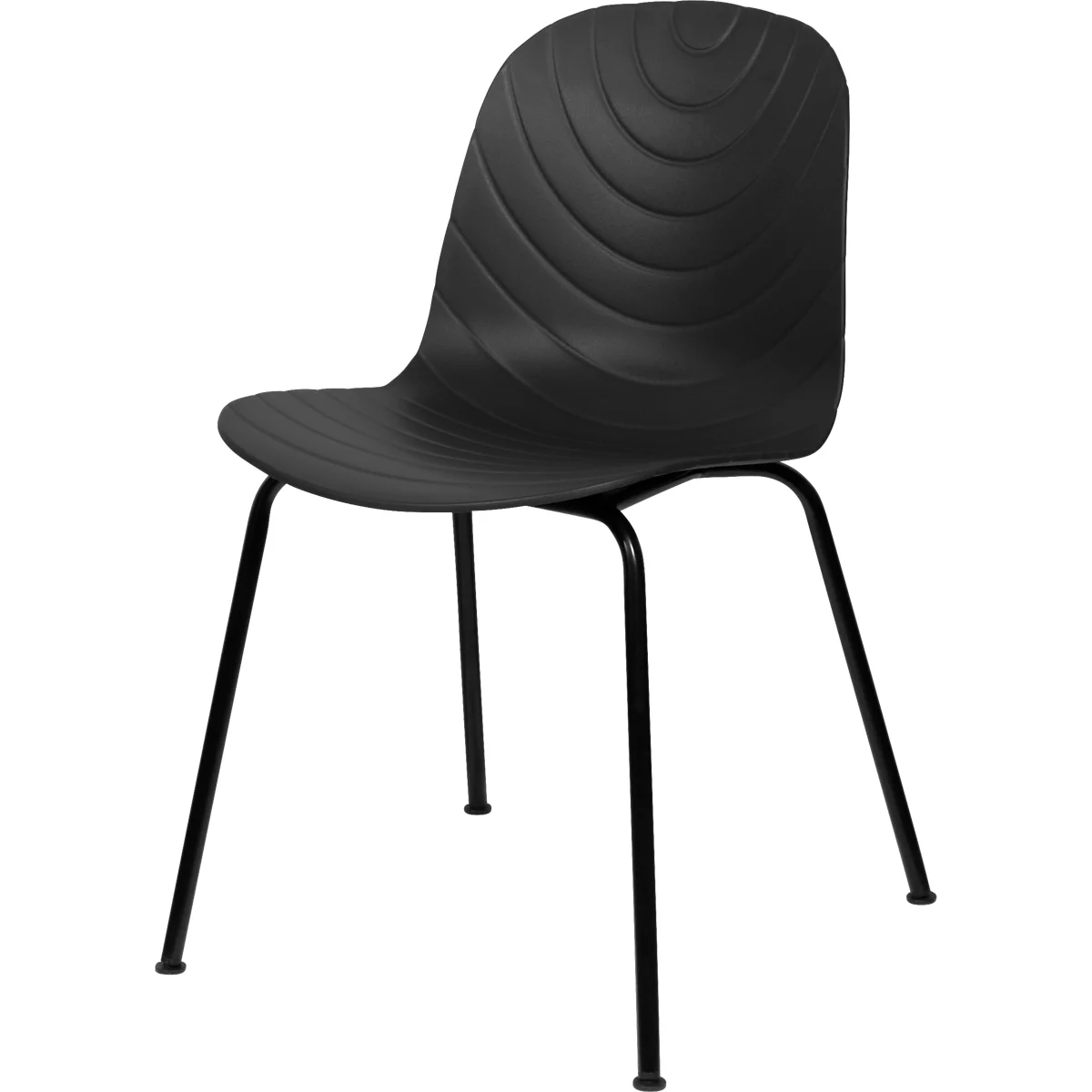 Chaise noire avec dossier ondulé et cadre noir.