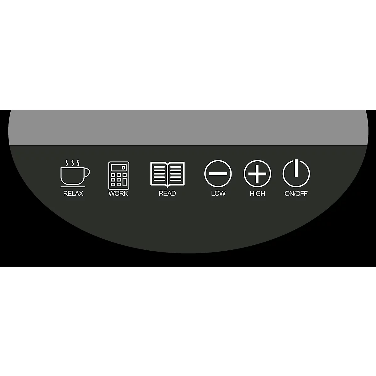 L'image montre des icônes : tasse (Relax), calculatrice (Work), livre (Read), moins (Low), plus (High) et bouton d'alimentation (On/Off).