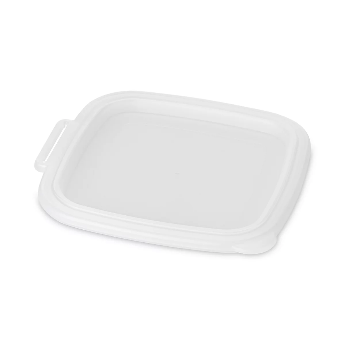 Couvercle blanc rectangulaire avec une poignée et une rainure périphérique. Sur fond blanc.