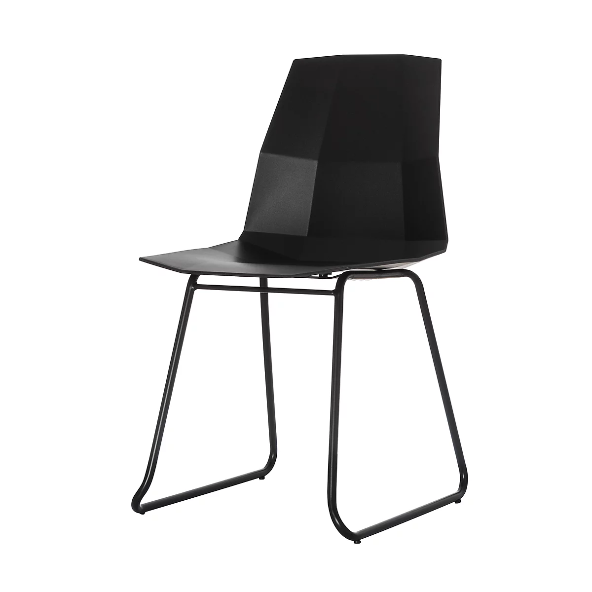 Black chair with geometric back and metal legs. On a white background.