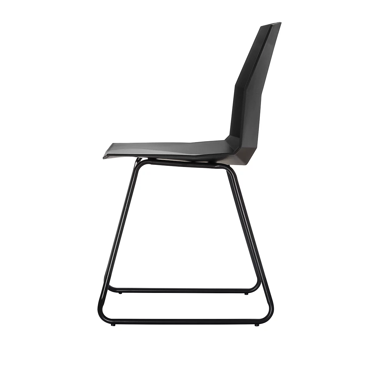 Side view of a black chair with an angular back and metal frame.