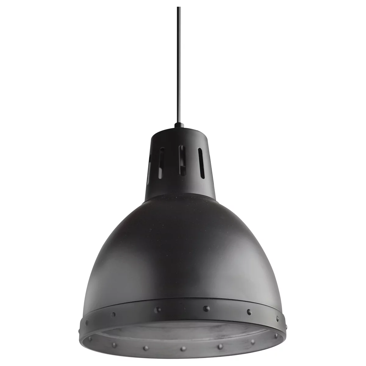 Zwarte hanglamp met ronde lampenkap, details: klinknagels aan de onderrand.