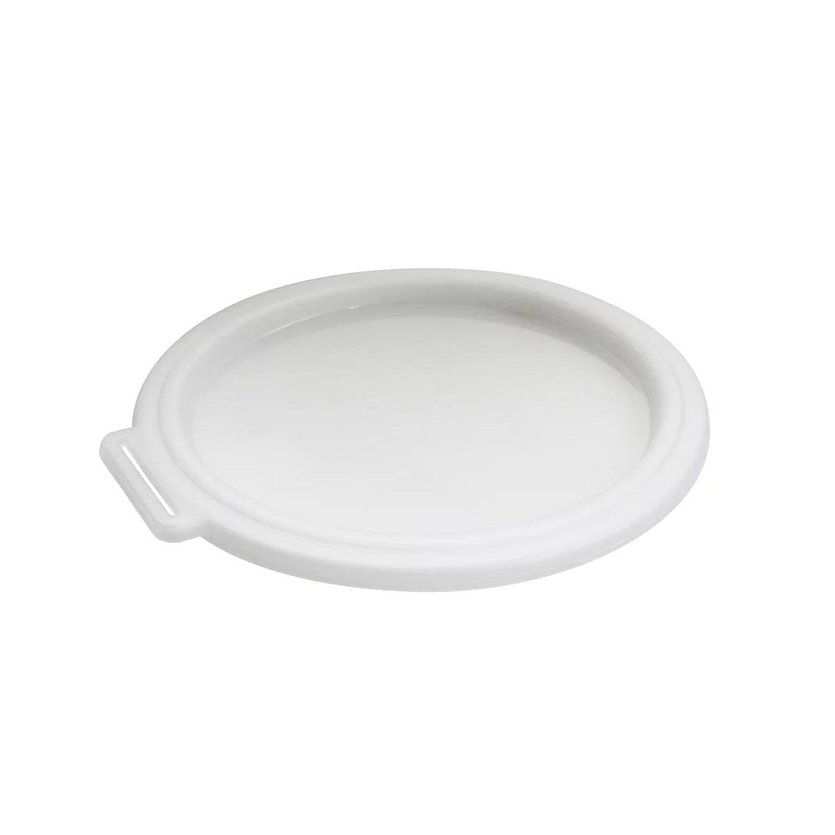 Een witte, ronde deksel met een handvat. Het deksel heeft een licht verhoogde rand.