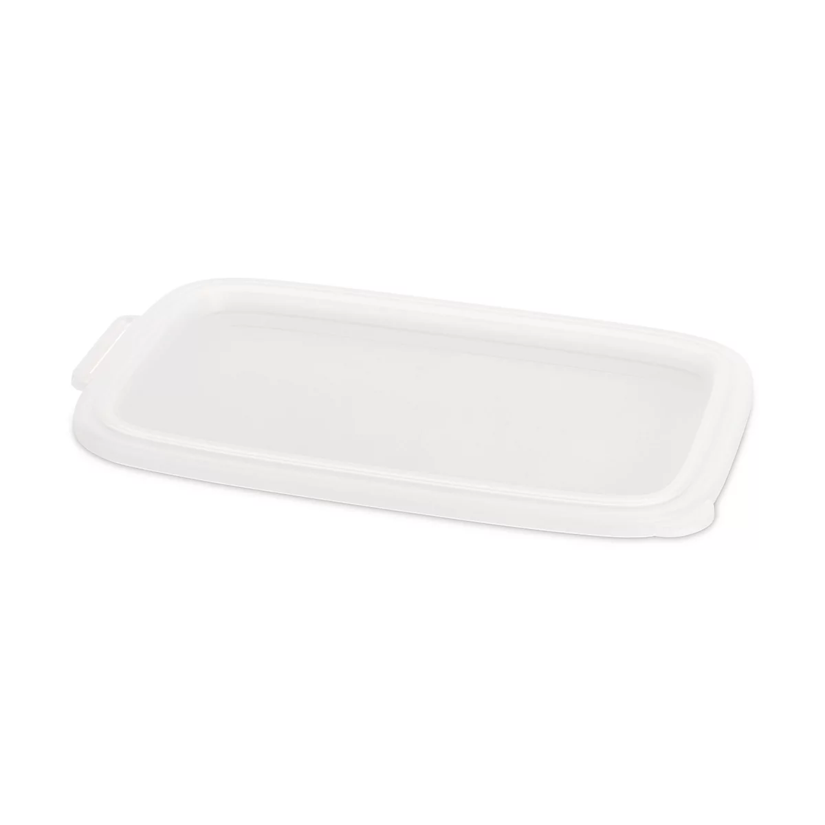 Rechthoekig wit deksel met afgeronde hoeken. Er zit een klein lipje aan één kant.