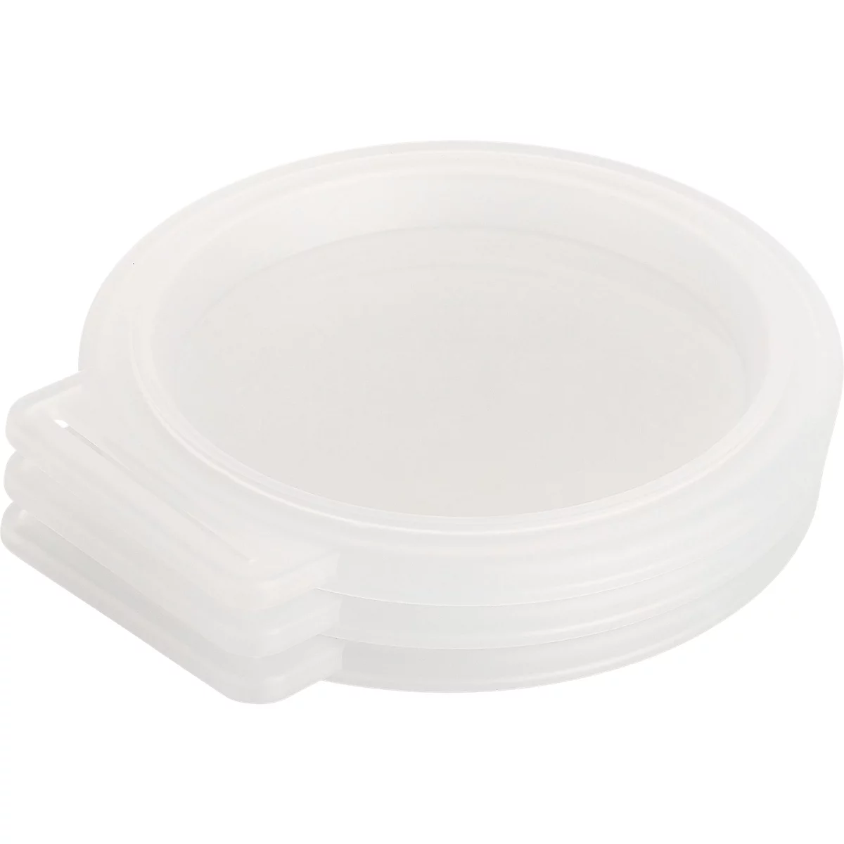 Verschillende witte, ronde plastic deksels liggen op elkaar. Er zit een klein handvat aan één kant.