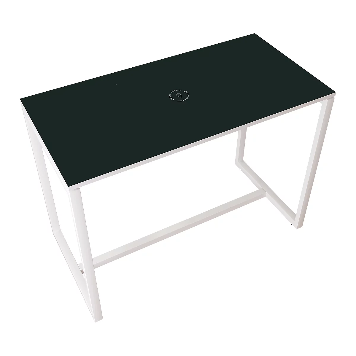 Black desk with white frame. There is a small circle symbol on the surface.