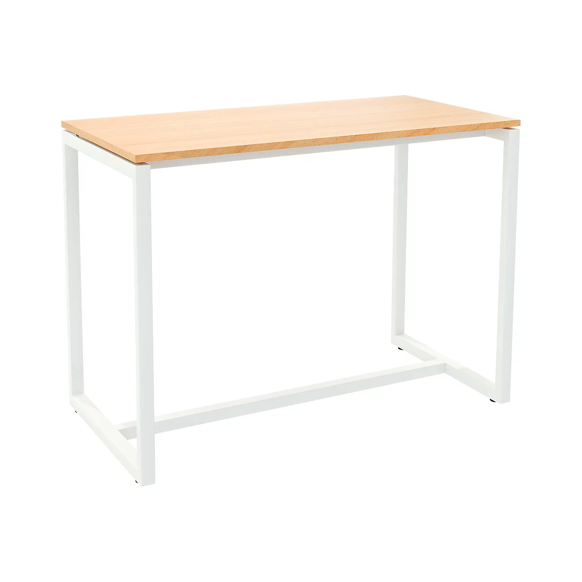 Desk with white frame and wooden top.